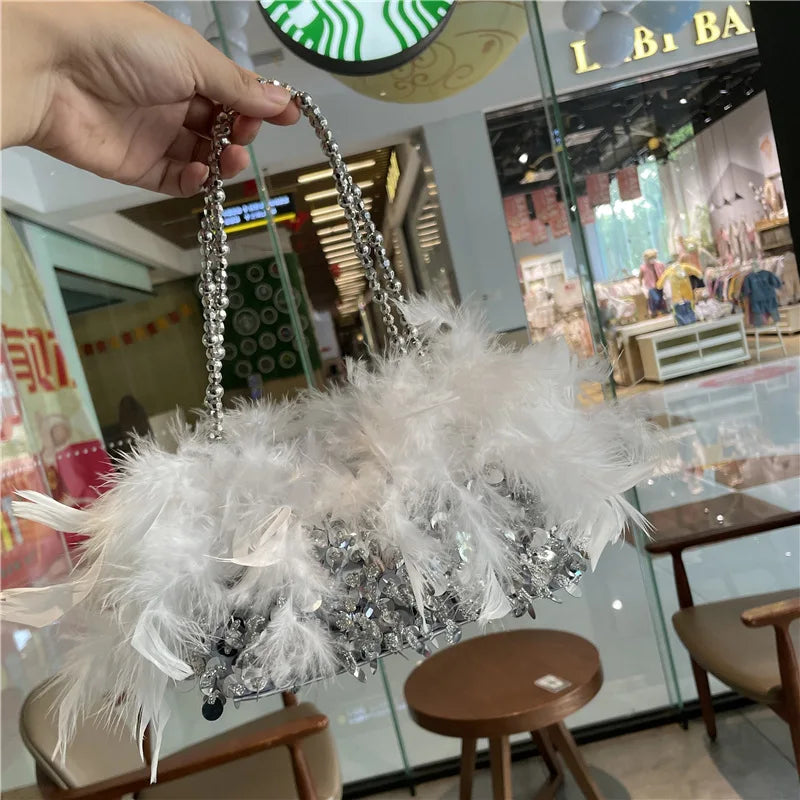 Fashion Pearl Beading Women Handbag Ladies Clutch Party Evening Bags Real Feathers Chain Shoulder Bag Princess Crossbody Bags