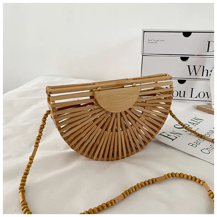 Bolso bandolera de madera con forma de media luna para mujer, de moda, tejido de bambú, para playa, de verano, de paja, pequeño bolso de ratán para teléfono