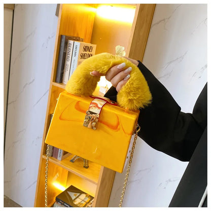 Faux Fur Top Handle Acrylic Party Box Clutch Fashion Purses and Handbags for Women Designer Evening Bag Chain Shoulder Bag