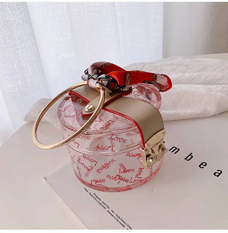 Women Fashion Mini Handbag Metal Handle Case Shape Acrylic Clutch Bag With Scraf Ladies Party Bag Female Chain Crossbody Bag