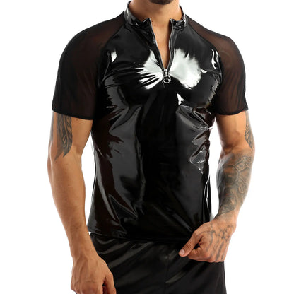 T-shirts Clubwear pour hommes, chemises en cuir verni effet mouillé, col rond, maille transparente, manches courtes, demi-fermeture éclair sur le devant