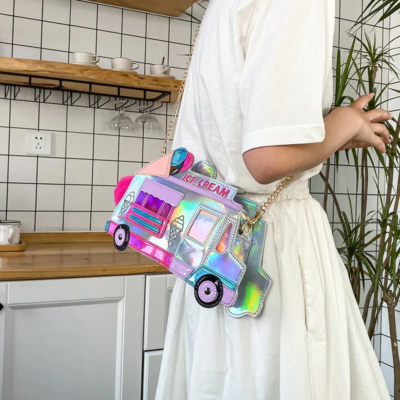 Ice Cream Car Messenger Bag Funny Personality Dazzling Color Laser Shoulder Bag Women Funny Messenger Bag Crossbody Chain Bag