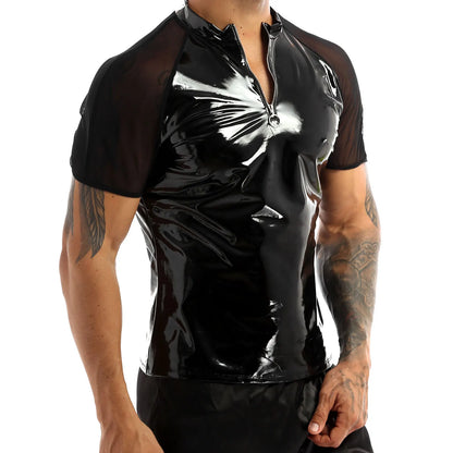 YiZYiF Black Shiny T Shirt Unisex Metallic Hipster PVC Leather Tshirt Sexy Stand Collar Short Sleeves Front Zip Up T-shirt Tops