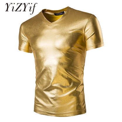 Night Club Wear Mens Shiny Metallic T-shirt Slim Fit Gold Shirt Fashion Men Short Sleeve Tops For Disco Party Club Stage Costume