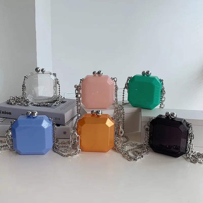 Mini sac à main en acrylique transparent pour femmes, sac à bandoulière à chaîne épaisse transparente, sac de voyage en gelée, sac à main transparent pour rouge à lèvres