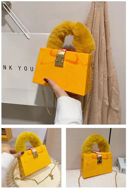 Faux Fur Top Handle Acrylic Party Box Clutch Fashion Purses and Handbags for Women Designer Evening Bag Chain Shoulder Bag