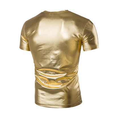 Night Club Wear Mens Shiny Metallic T-shirt Slim Fit Gold Shirt Fashion Men Short Sleeve Tops For Disco Party Club Stage Costume