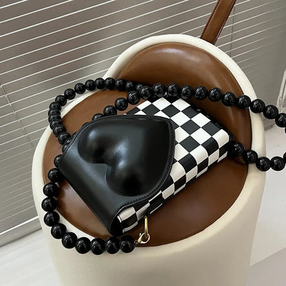 Creative Design Black Bead Chain Women's Bag Chessboard Lattice Messenger Bag Small Square Bag Fashion Mobile Phone Bag