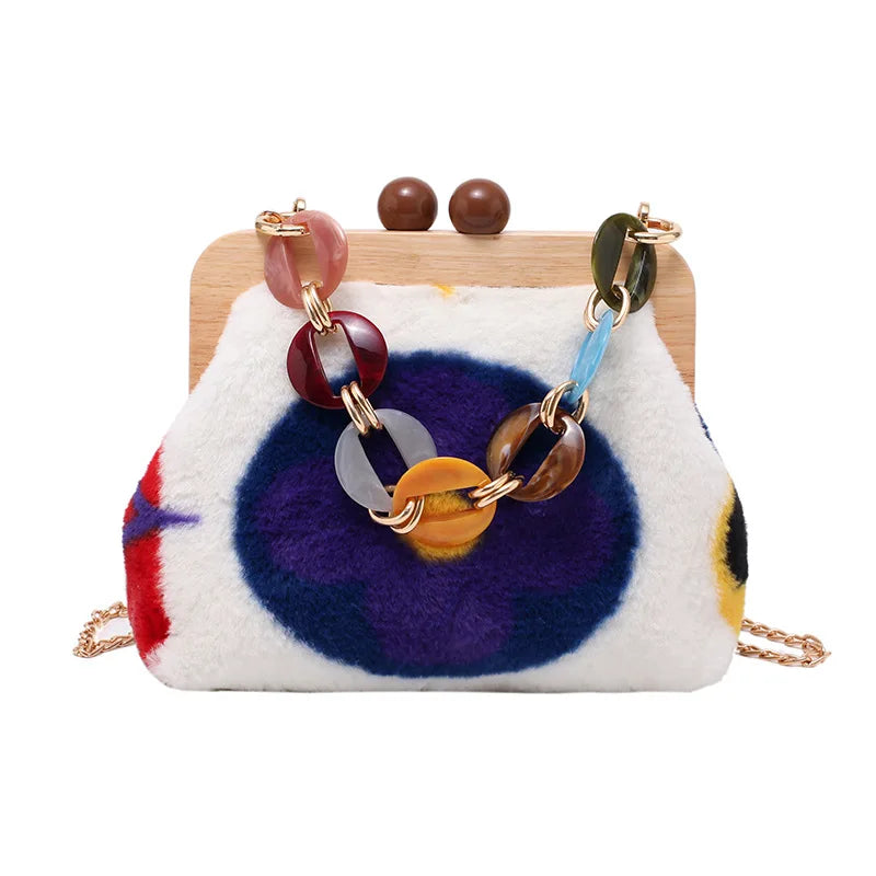 Bolso de mensajero de felpa con clip de madera, bolso de noche, cadena acrílica de moda, bolso de lujo para mujer, bolso de fiesta para banquete, bolso de hombro