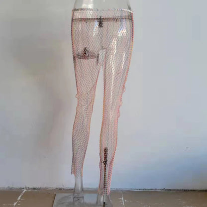 Pantalon tunique sexy en résille avec strass en cristal et diamants pour femme, bas long en maille ajouré, transparent, pour la plage, le club, les fêtes