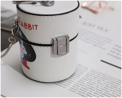 Mini Cylinder Shaped Shoulder Messenger Crossbody Bags For Women Cartoon White Rabbit Print Pu Chain Handbag With The Bucket