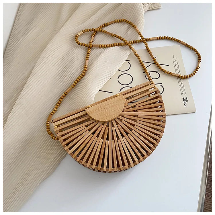 Bolso bandolera de madera con forma de media luna para mujer, de moda, tejido de bambú, para playa, de verano, de paja, pequeño bolso de ratán para teléfono