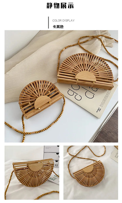 Bolso bandolera de madera con forma de media luna para mujer, de moda, tejido de bambú, para playa, de verano, de paja, pequeño bolso de ratán para teléfono