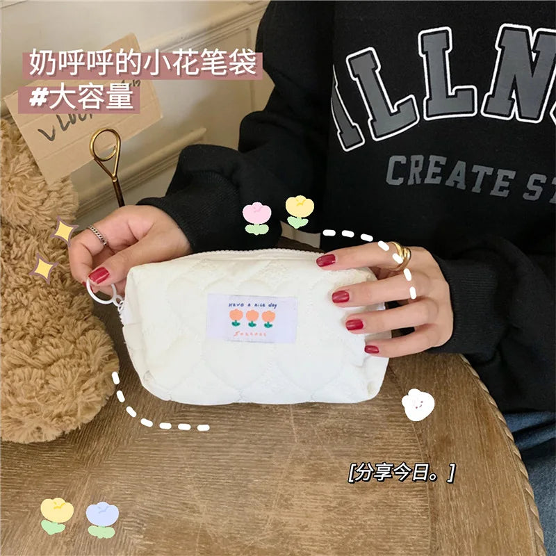 Bolsa de cosméticos para estudiantes de moda coreana, bolsa de algodón prensado para lápices, bolsa de maquillaje, monederos bonitos, organizador de almacenamiento de maquillaje con flores