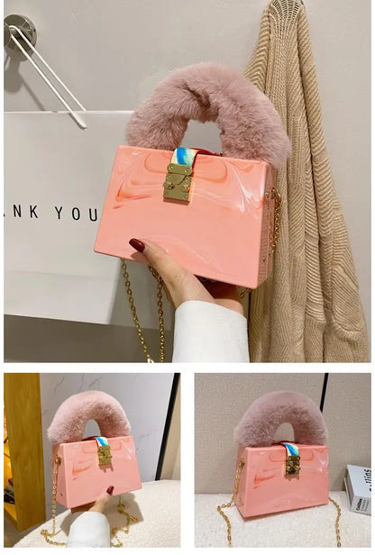 Faux Fur Top Handle Acrylic Party Box Clutch Fashion Purses and Handbags for Women Designer Evening Bag Chain Shoulder Bag