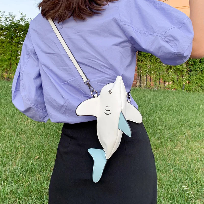 Sac à bandoulière en forme de requin drôle pour femme, sac à main avec chaîne de dessin animé, sac pour téléphone en cuir PU, sacs à bandoulière