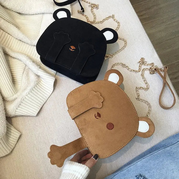 Bolso de hombro con diseño de oso de dibujos animados para mujer, bonito bolso de ante con diseño de oso, bolso cruzado con cadena para mujer, bolso de piel sintética, minibolsos con diseño de animales, novedad de 2019