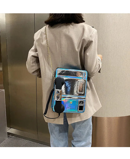 Bolso de hombro con forma de teléfono y diseño de láser reflectante para mujer, divertido bolso cruzado con cadena