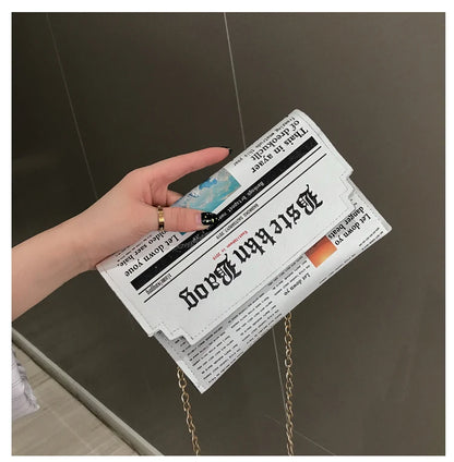 Creative Newspaper Design Chains Crossbody Bag for Women Funny Pu Leather Lady Shoulder Messenger Bags Cute Small Female Purses