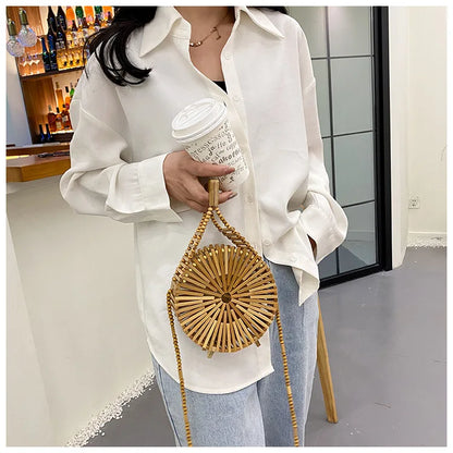 Fashion Round Beading Wooden Women Shoulder Crossbody Bags Rattan Handbags Bamboo Woven Summer Beach Straw Bag Small Bali Purses