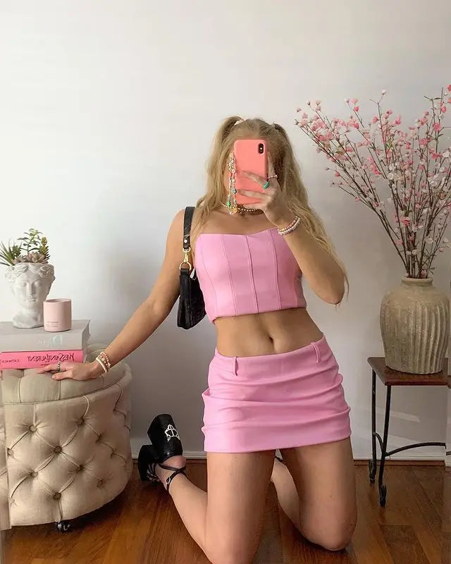 CLEARANCE SALE ! Summer Crop Top Women Fishbone Double Layer Pink  PU Leather Sexy Crop Top Fashion Lady Clubwear Party