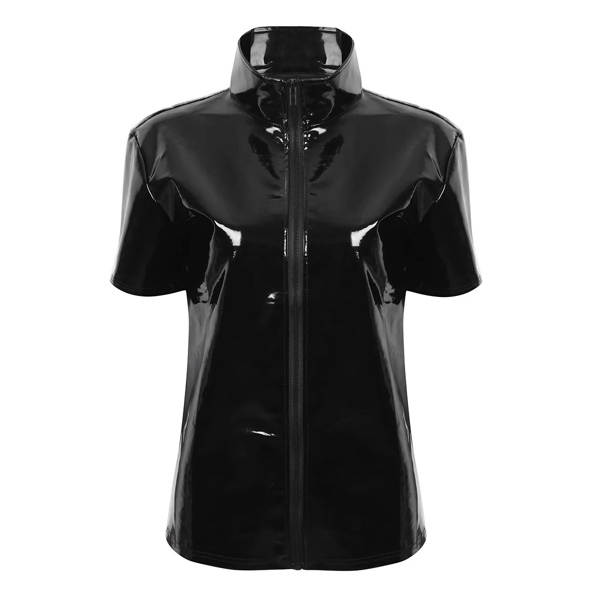 YiZYiF Black Shiny T Shirt Unisex Metallic Hipster PVC Leather Tshirt Sexy Stand Collar Short Sleeves Front Zip Up T-shirt Tops