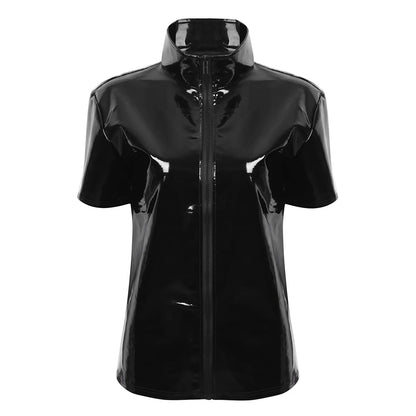 YiZYiF Black Shiny T Shirt Unisex Metallic Hipster PVC Leather Tshirt Sexy Stand Collar Short Sleeves Front Zip Up T-shirt Tops