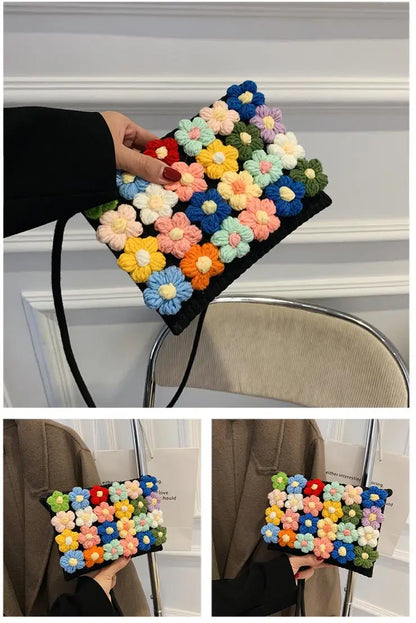 Bolsos de punto de moda Bolso de mano con flores para mujer Nuevo bolso de mensajero de un solo hombro cosido fresco