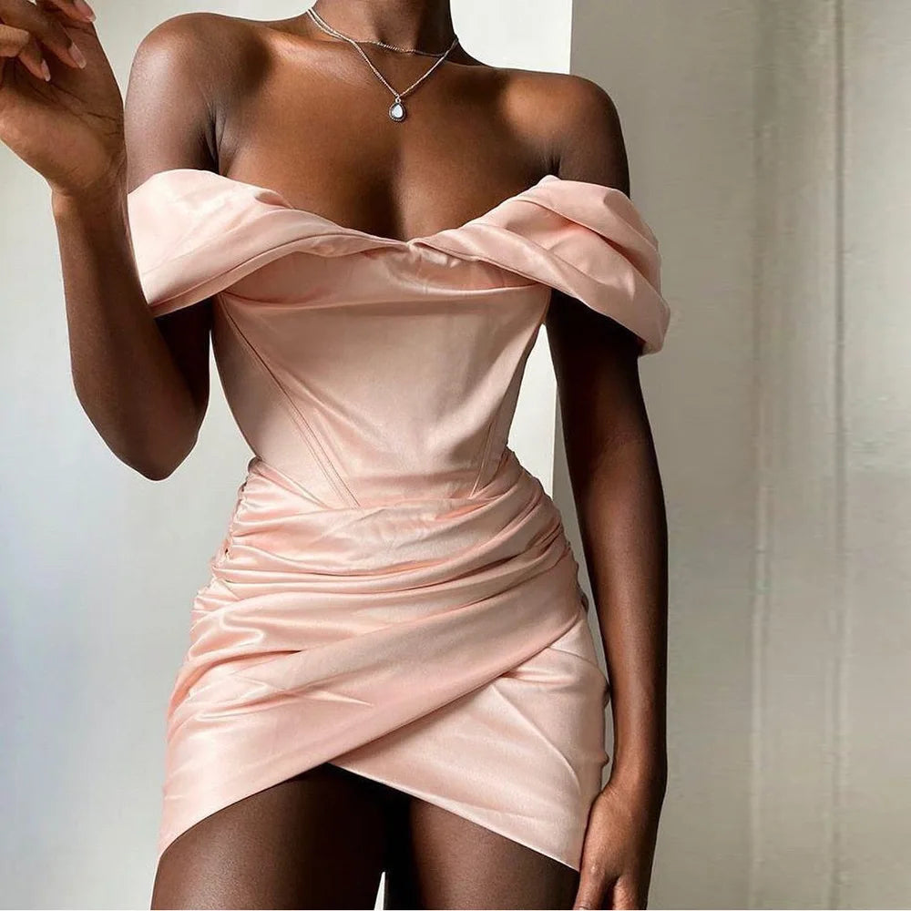 Robe moulante en satin pour femme, robe de soirée mini, nouveauté 2021, rose, épaules dénudées, robe moulante, robe de soirée, club, célébrité