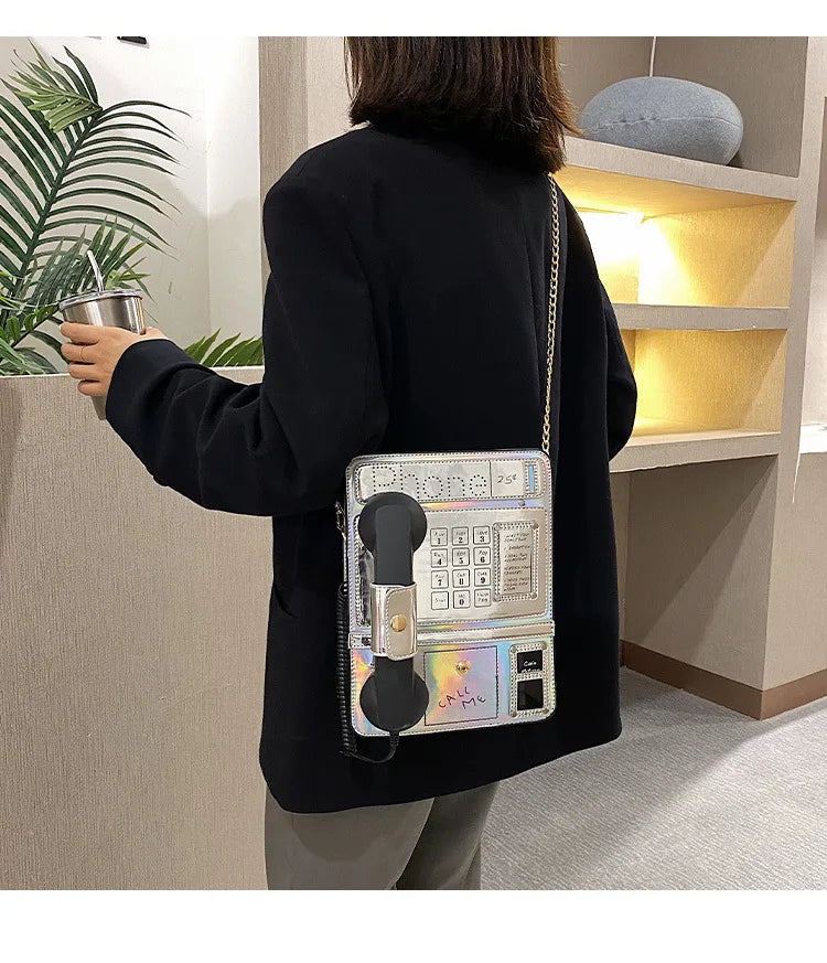 Bolso de hombro con forma de teléfono y diseño de láser reflectante para mujer, divertido bolso cruzado con cadena