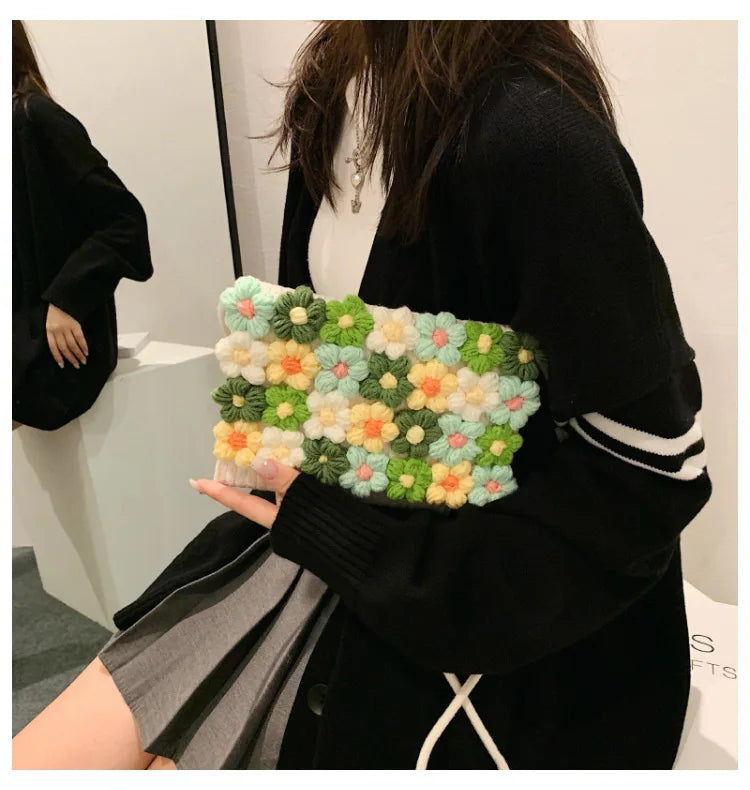 Bolsos de punto de moda Bolso de mano con flores para mujer Nuevo bolso de mensajero de un solo hombro cosido fresco