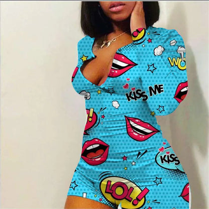 Sexy Women V-neck Bodycon Sleepwear Jumpsuit Bodysuit Shorts Romper Bodysuit Leotard Button Bodysuit 2020 Print Long Sleeve Lips