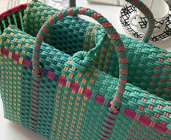 Bolsos de mano informales de mimbre para mujer, bolsos de mano tejidos a rayas de mimbre, bolsos de playa de verano hechos a mano, bolsos grandes tipo cubo 2021