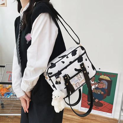 Japanese High School Student Shoulder Bag JK Bag Cow Print PU Leather Handbags Tote Bag Satchels Book Bag Crossbody Bags Women