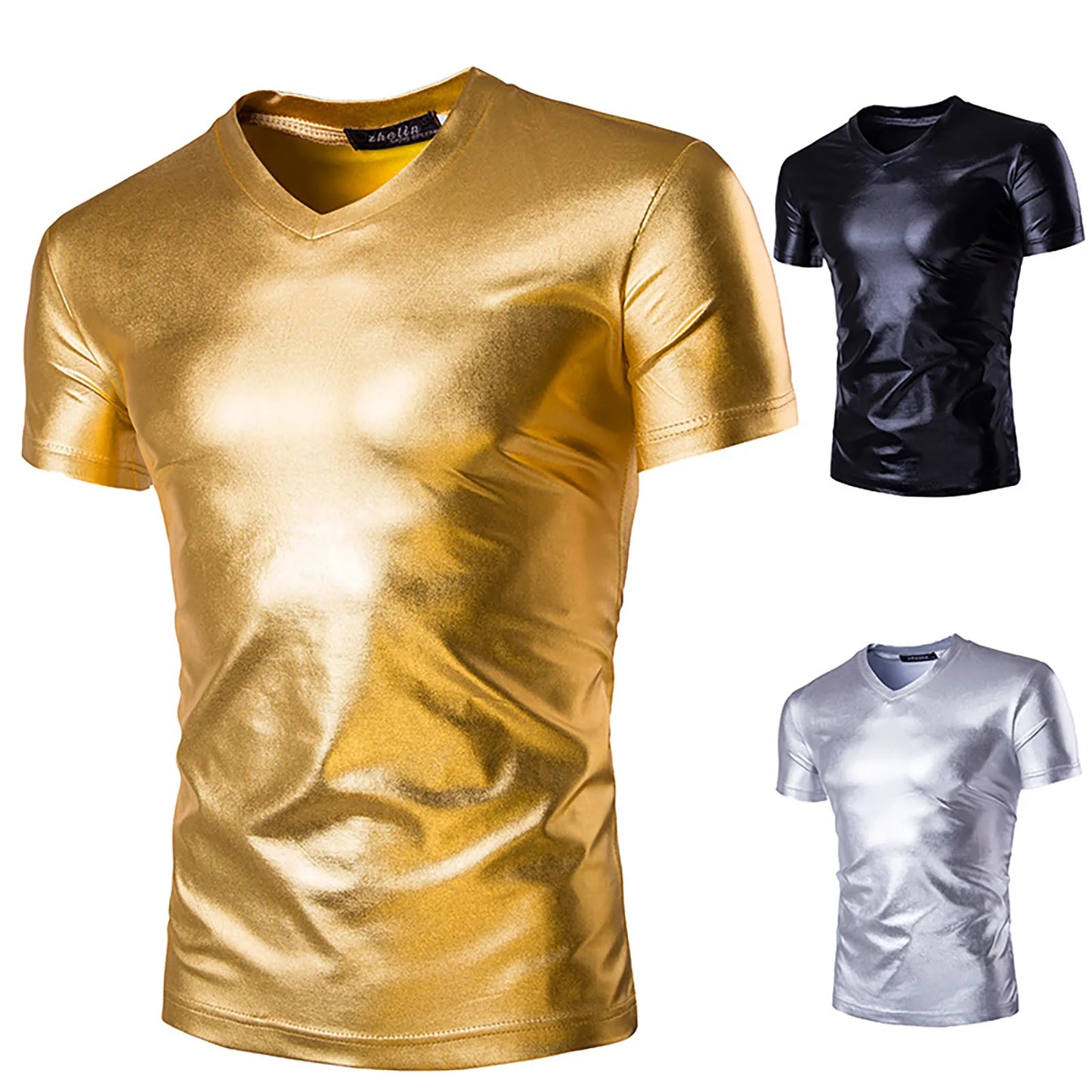 Night Club Wear Mens Shiny Metallic T-shirt Slim Fit Gold Shirt Fashion Men Short Sleeve Tops For Disco Party Club Stage Costume