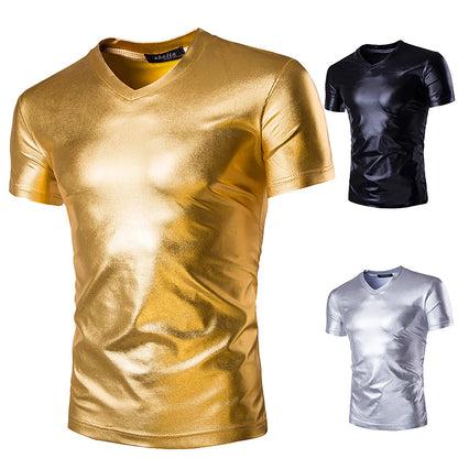 Night Club Wear Mens Shiny Metallic T-shirt Slim Fit Gold Shirt Fashion Men Short Sleeve Tops For Disco Party Club Stage Costume