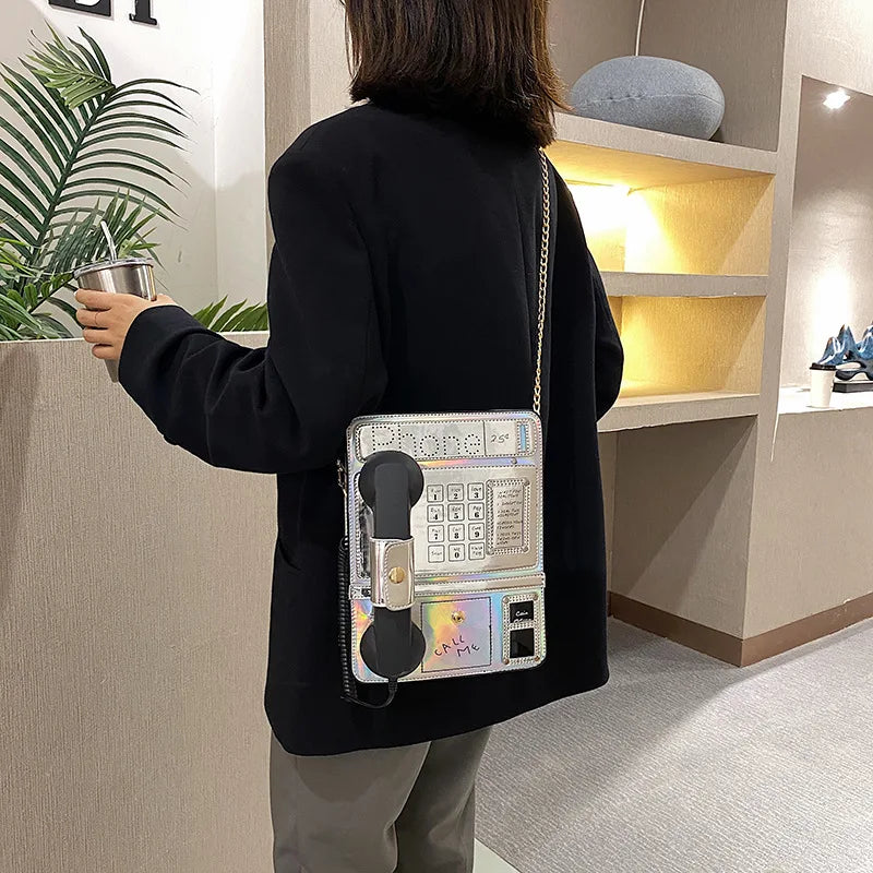 Bolso de hombro con forma de teléfono y diseño de láser reflectante para mujer, divertido bolso cruzado con cadena