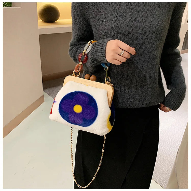 Bolso de mensajero de felpa con clip de madera, bolso de noche, cadena acrílica de moda, bolso de lujo para mujer, bolso de fiesta para banquete, bolso de hombro