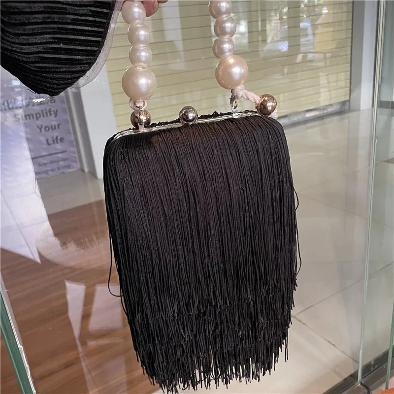 Tassel Small Square Bag Female Pearl Chain Handbag Dinner Bag High Quality Long Tassel Clutch Bag Black Evening Bag