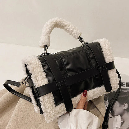 Sac à main en laine d'agneau pour femme, sac à bandoulière matelassé de luxe en cuir et fourrure, petit sac à rabat, hiver 2021