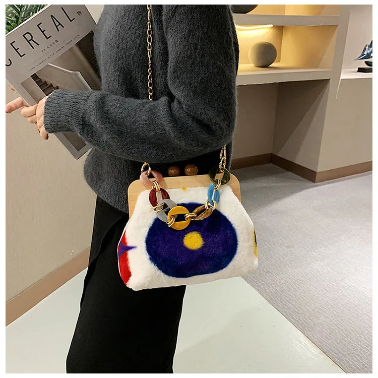 Bolso de mensajero de felpa con clip de madera, bolso de noche, cadena acrílica de moda, bolso de lujo para mujer, bolso de fiesta para banquete, bolso de hombro