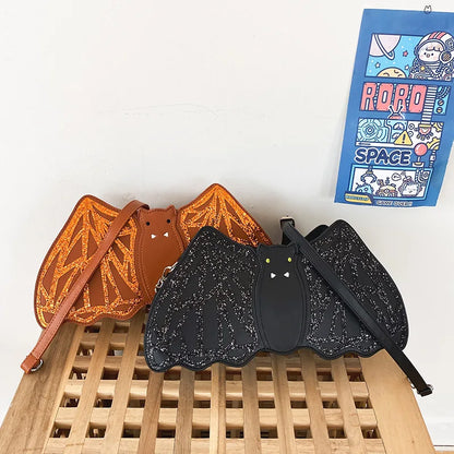 Bolso bandolera de PU con forma de murciélago y lentejuelas bordadas a la moda para mujer, divertido bolso de hombro, bolso cruzado con forma de murciélago negro