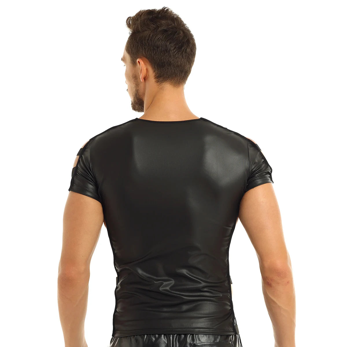 T-shirts Clubwear pour hommes, chemises en cuir verni effet mouillé, col rond, maille transparente, manches courtes, demi-fermeture éclair sur le devant