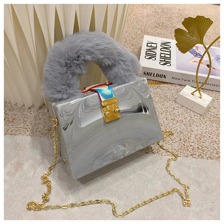 Faux Fur Top Handle Acrylic Party Box Clutch Fashion Purses and Handbags for Women Designer Evening Bag Chain Shoulder Bag