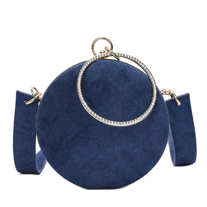 Bolso pequeño redondo para mujer con asa de anillo y diamantes, bolso de mano, bolso de mensajero pequeño para mujer, bolso de cena para fiesta