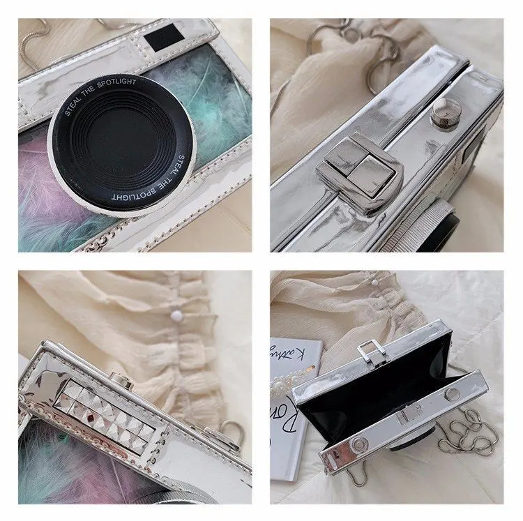 Personalized fashion vintage camera design unique shape clutch shoulder bag ladies casual mini transparent messenger bag purse