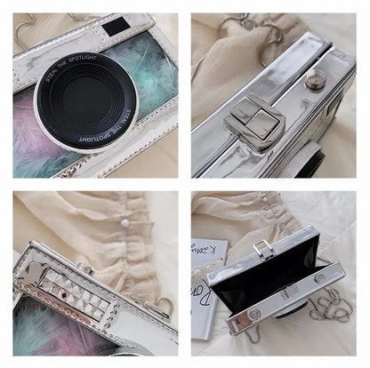 Personalized fashion vintage camera design unique shape clutch shoulder bag ladies casual mini transparent messenger bag purse