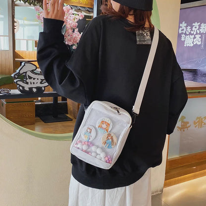 Sac à bandoulière en toile pour écolières japonaises, petit sac à main avec poche en filet et boules de poils colorées, sac transparent à rabat pour femmes