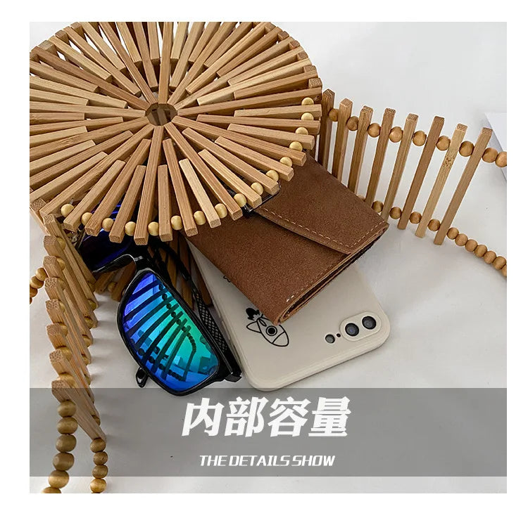 Fashion Round Beading Wooden Women Shoulder Crossbody Bags Rattan Handbags Bamboo Woven Summer Beach Straw Bag Small Bali Purses