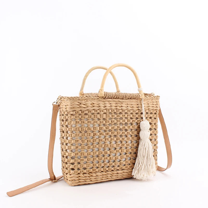 Bolsos de hombro de paja con asa de madera hueca a la moda, bolsos de mimbre tejidos de ratán para mujer, bolsos de playa de verano de gran capacidad, bolsos de viaje